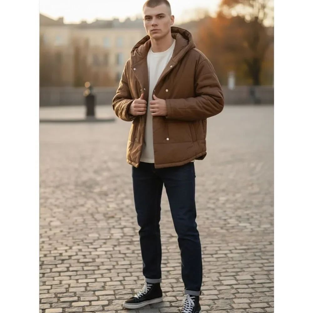Men’s Brown Quilted Jacket - Casual Lightweight Puffer NWT